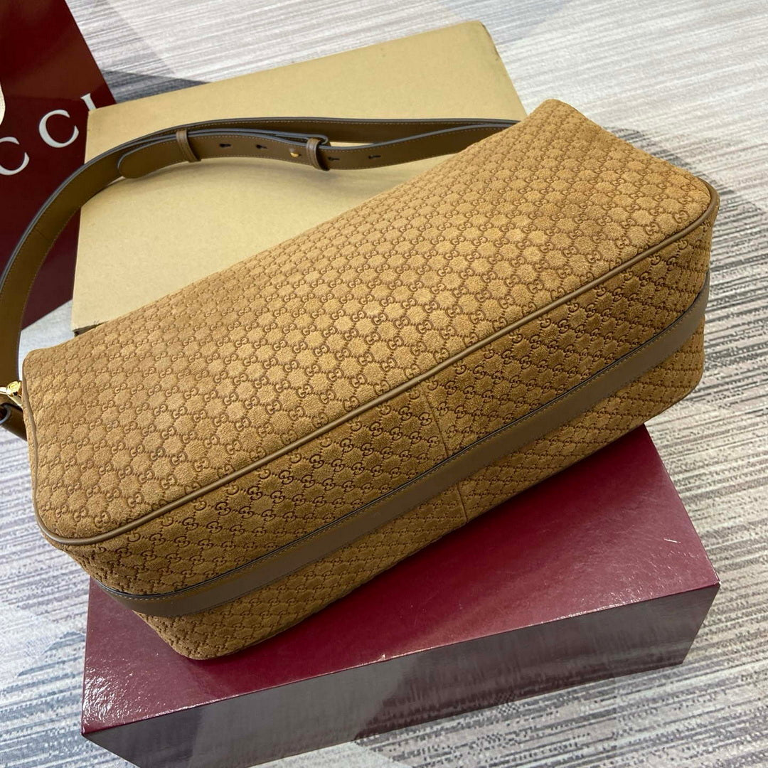 Gucci 862530 Gucci Half Horsebit Large Shoulder Bag Brown GG suede
