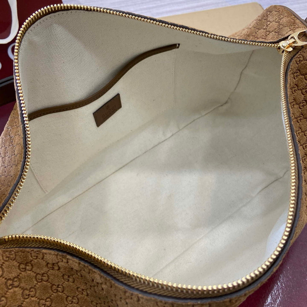 Gucci 862530 Gucci Half Horsebit Large Shoulder Bag Brown GG suede