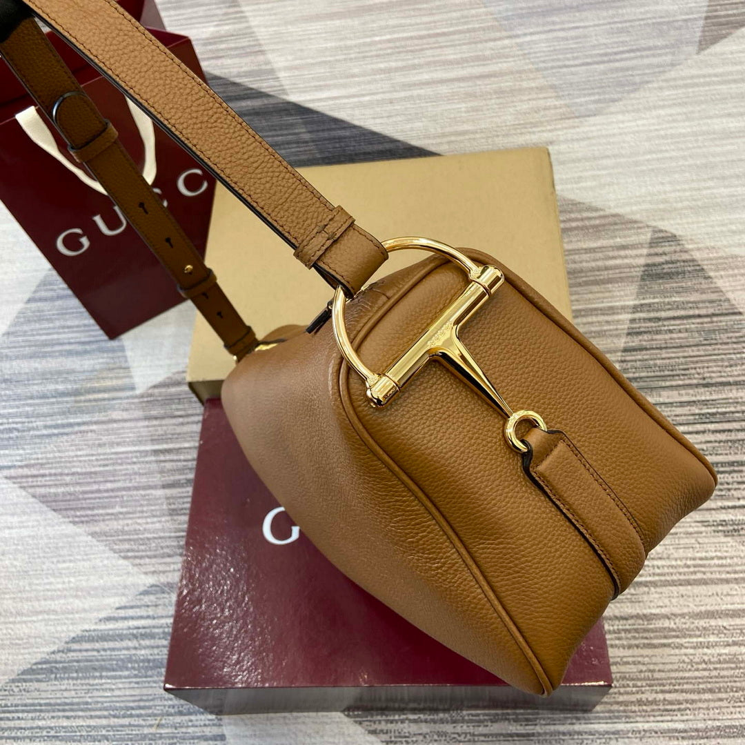 Gucci 862530 Gucci Half Horsebit Large Shoulder Bag Brown soft grainy leather