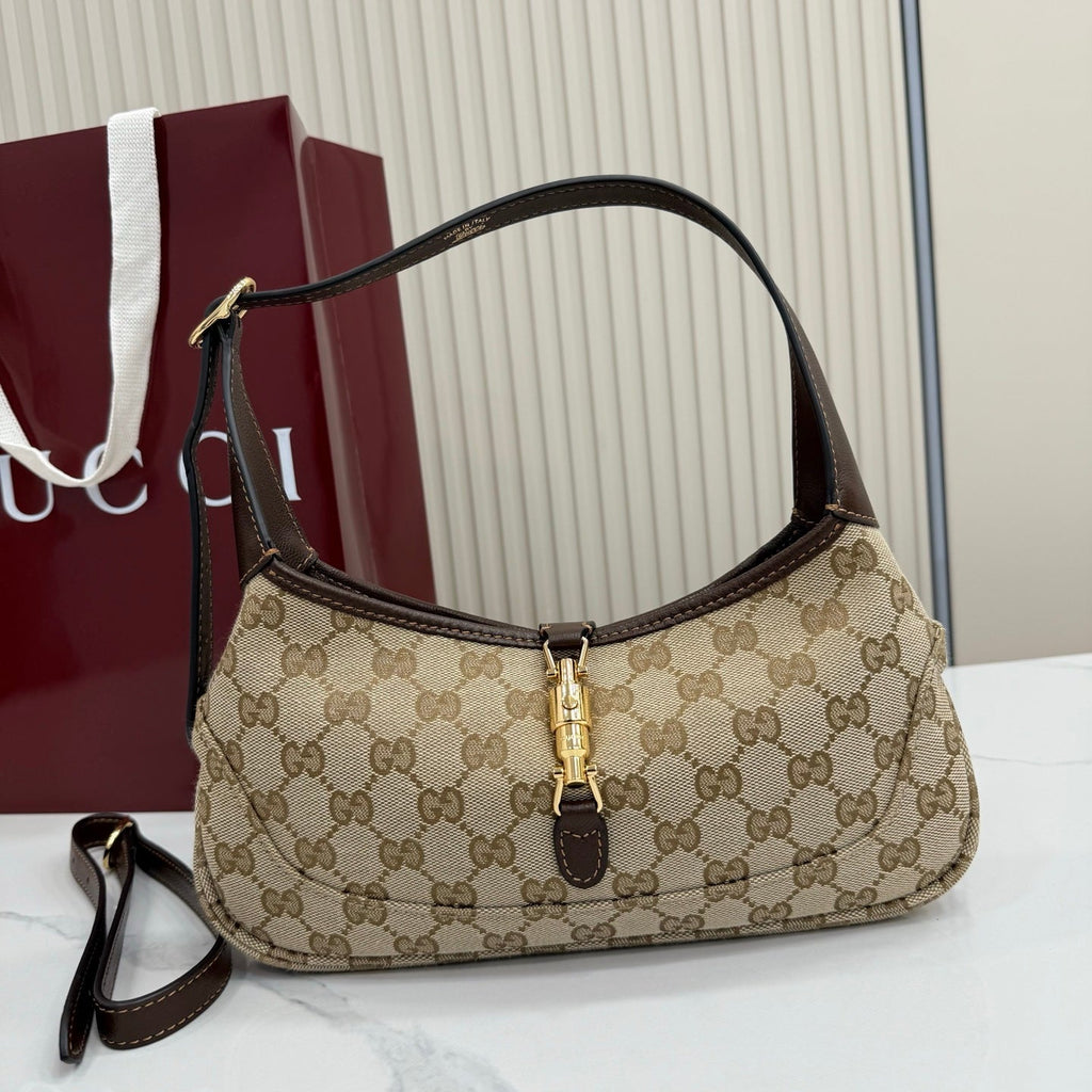 Gucci 863137 Jackie Slim Medium Shoulder Bag Sand and dark brown GG canvas