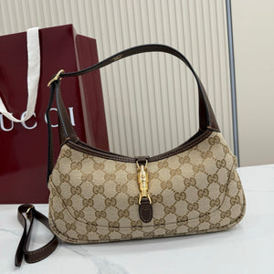 Gucci 863137 Jackie Slim Medium Shoulder Bag Sand and dark brown GG canvas - Default Title - View 1