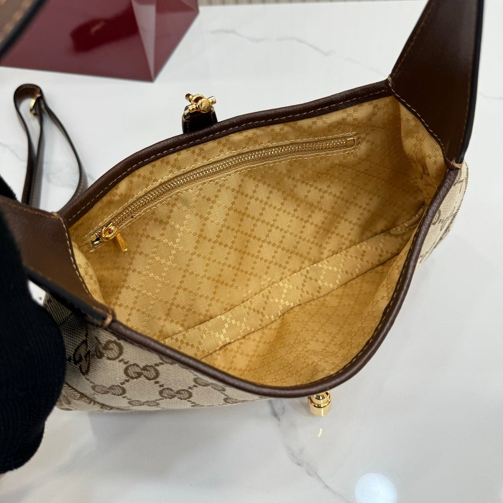 Gucci 863137 Jackie Slim Medium Shoulder Bag Sand and dark brown GG canvas