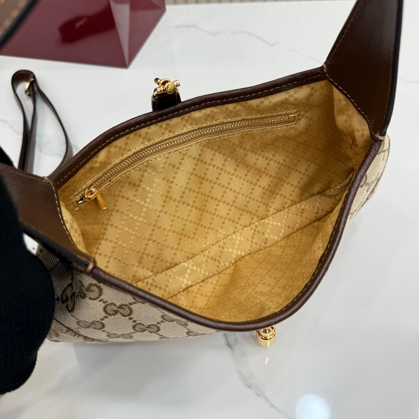 Gucci 863137 Jackie Slim Medium Shoulder Bag Sand and dark brown GG canvas