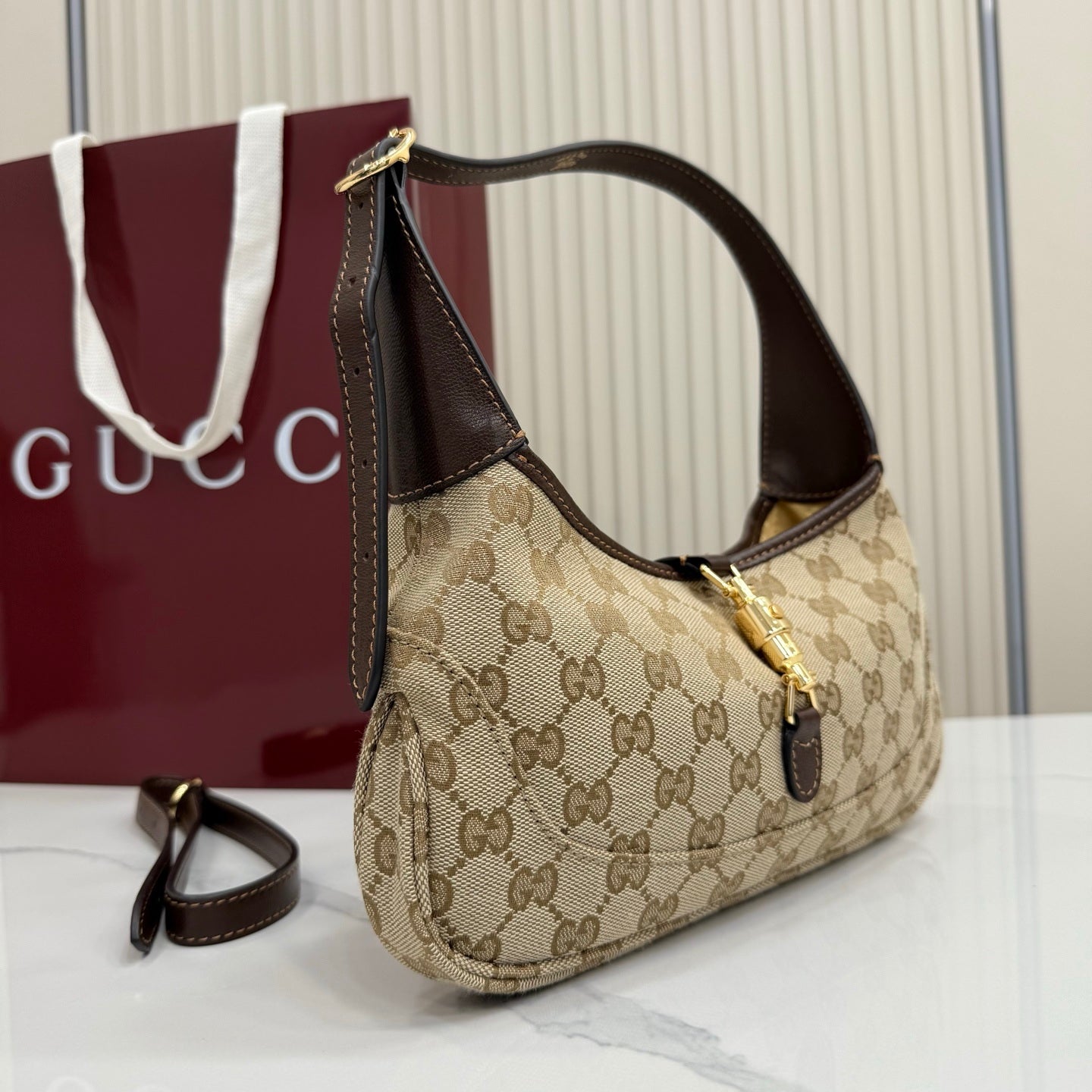 Gucci 863137 Jackie Slim Medium Shoulder Bag Sand and dark brown GG canvas