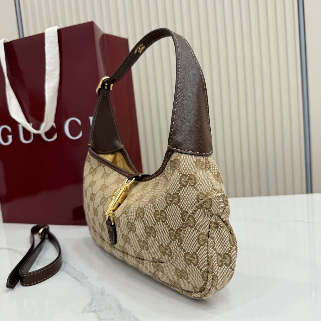 Gucci 863137 Jackie Slim Medium Shoulder Bag Sand and dark brown GG canvas