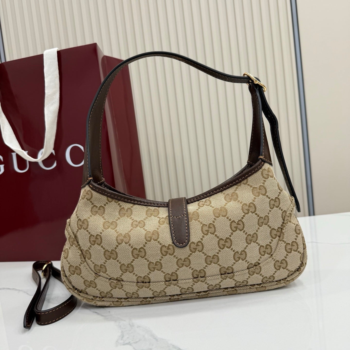 Gucci 863137 Jackie Slim Medium Shoulder Bag Sand and dark brown GG canvas