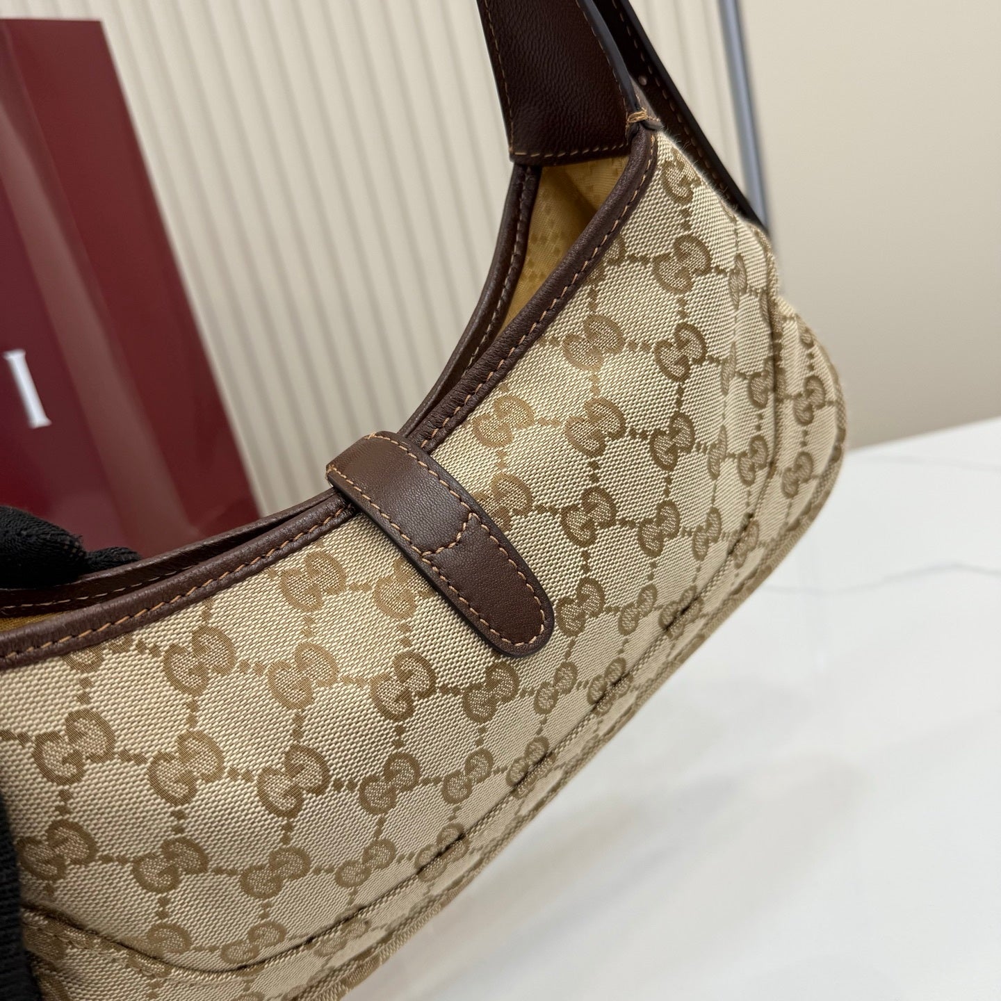 Gucci 863137 Jackie Slim Medium Shoulder Bag Sand and dark brown GG canvas