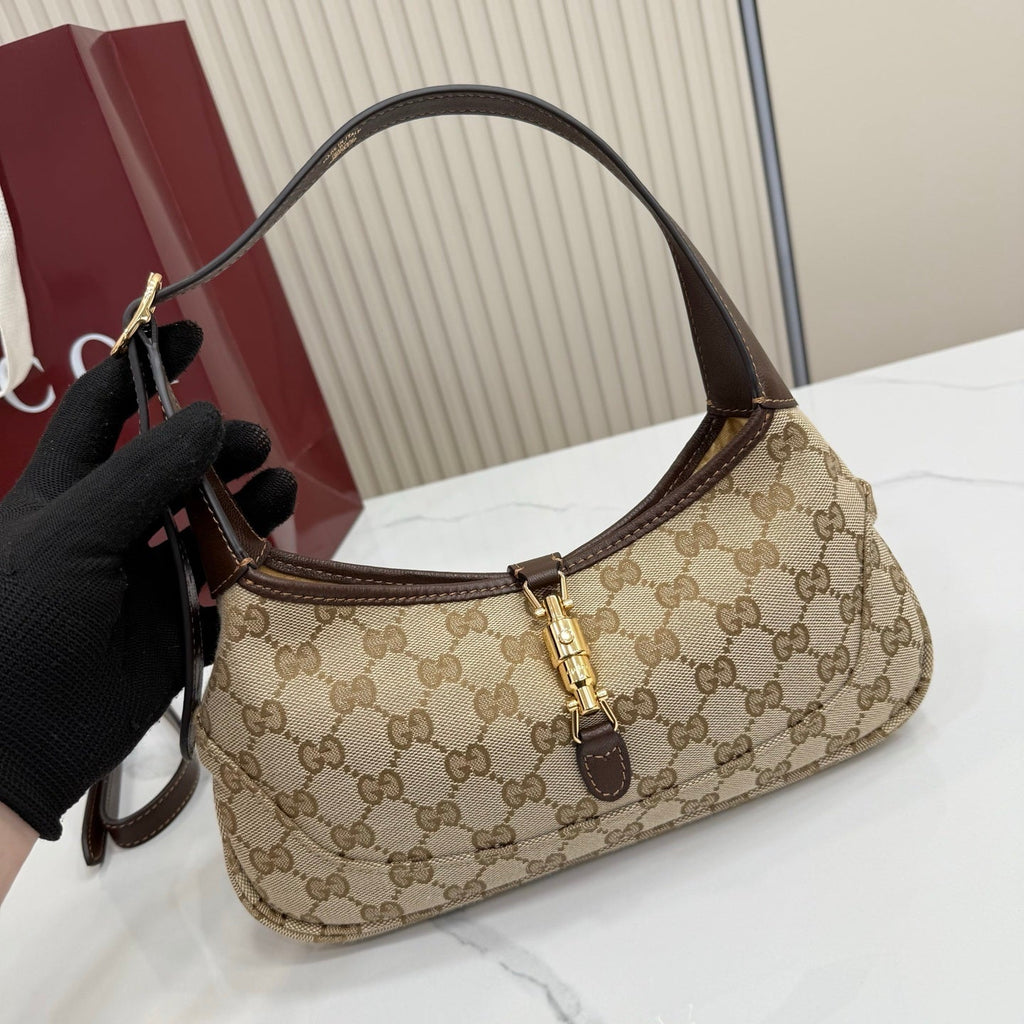 Gucci 863137 Jackie Slim Medium Shoulder Bag Sand and dark brown GG canvas