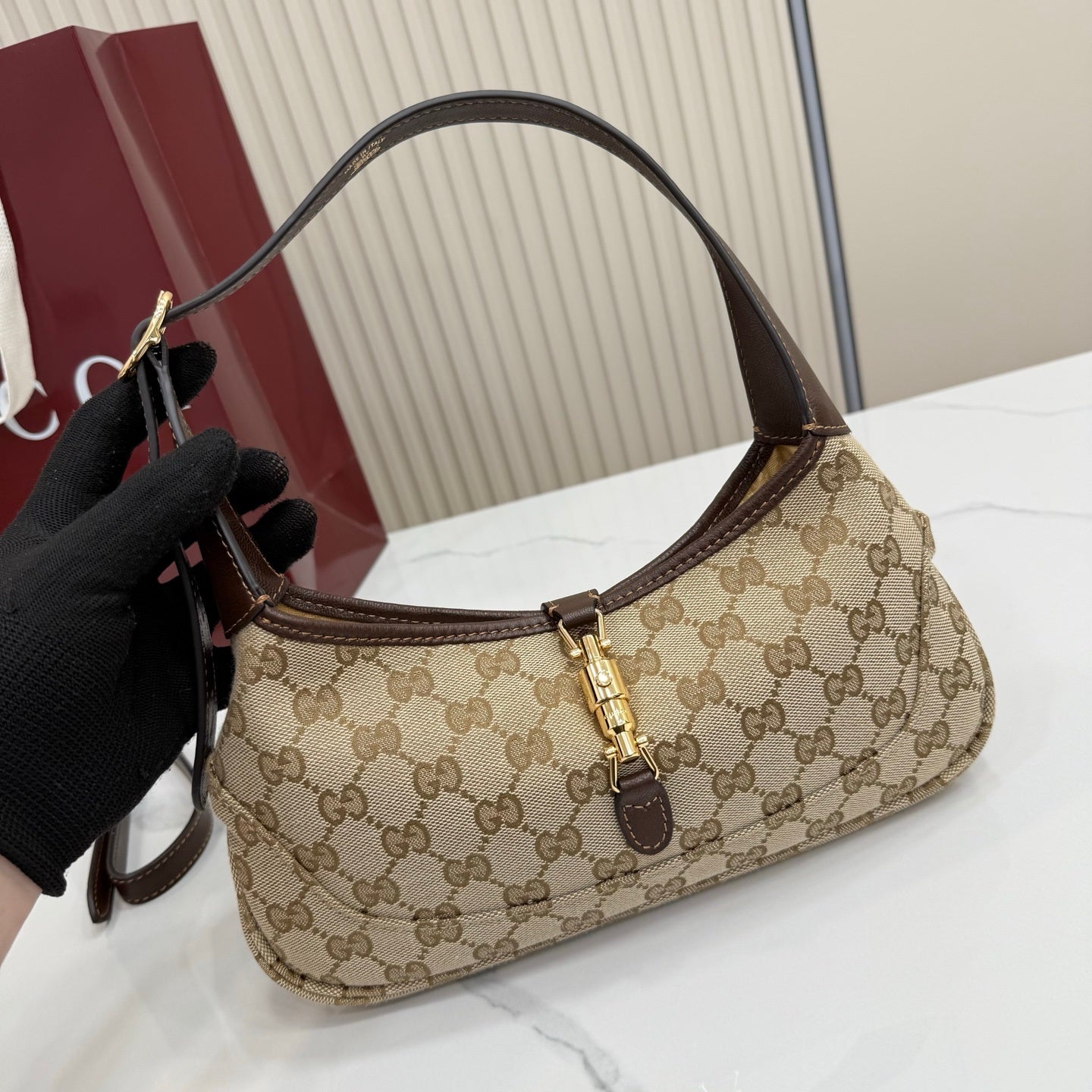 Gucci 863137 Jackie Slim Medium Shoulder Bag Sand and dark brown GG canvas