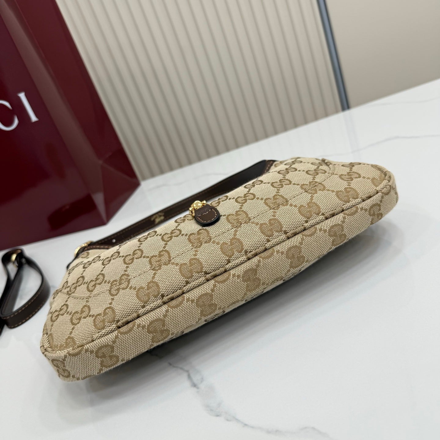 Gucci 863137 Jackie Slim Medium Shoulder Bag Sand and dark brown GG canvas