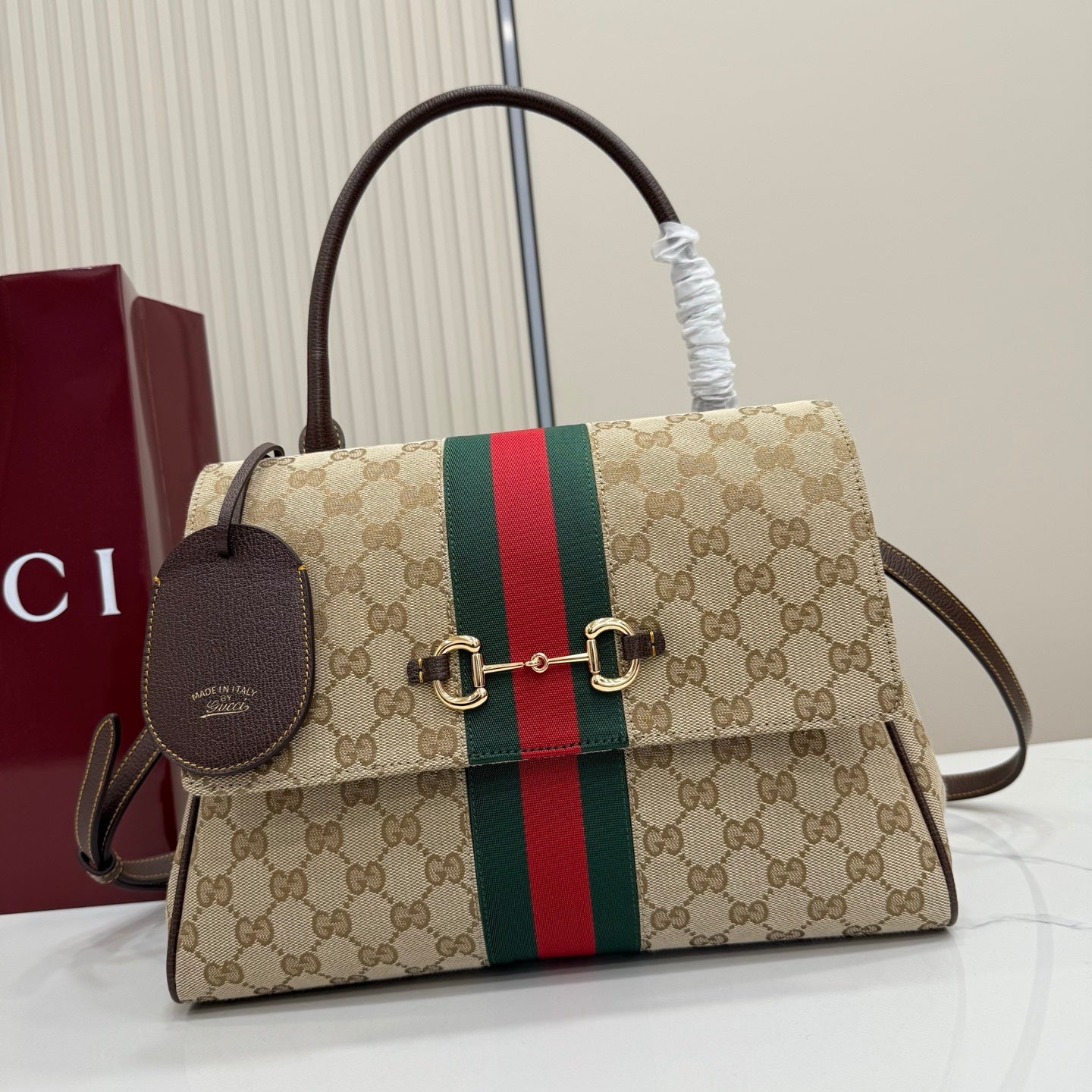 Gucci 875018 Paparazzo Medium Top Handle Bag Sand and dark brown GG canvas