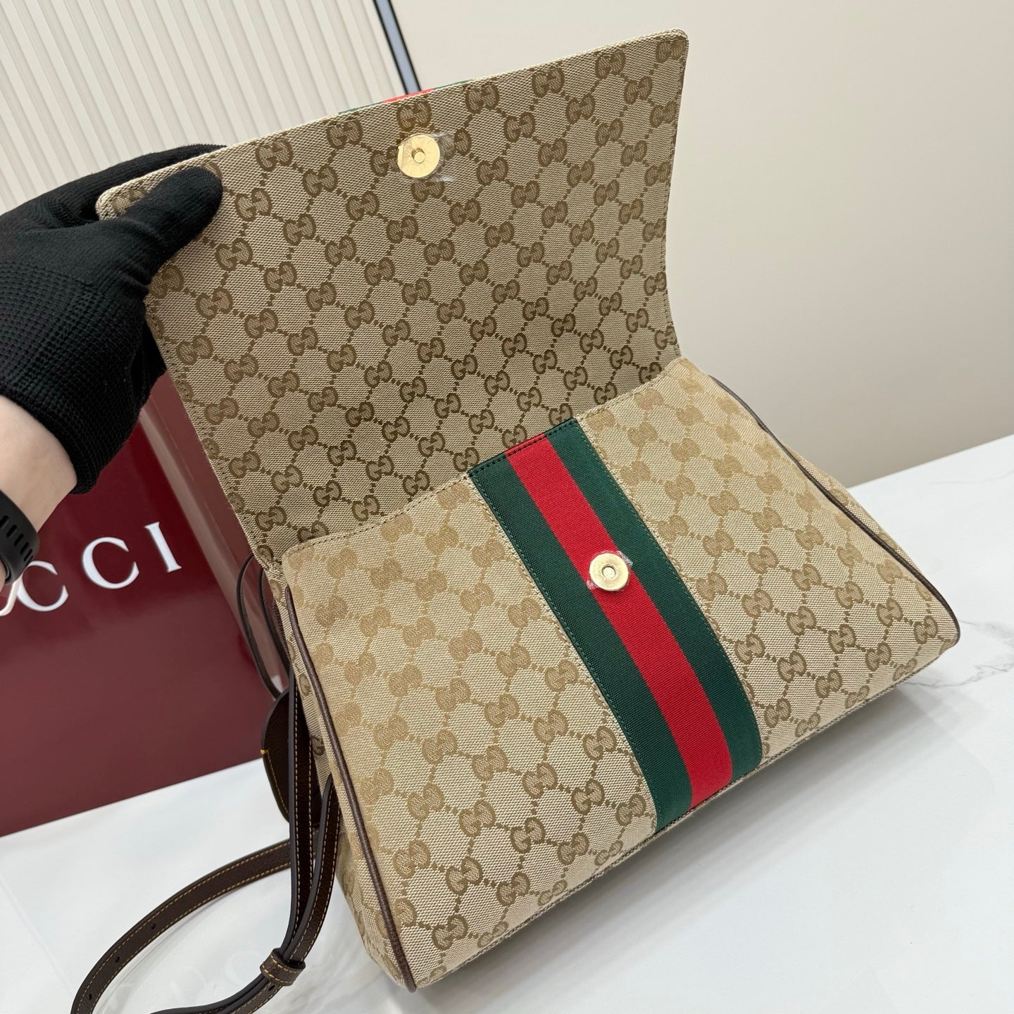 Gucci 875018 Paparazzo Medium Top Handle Bag Sand and dark brown GG canvas