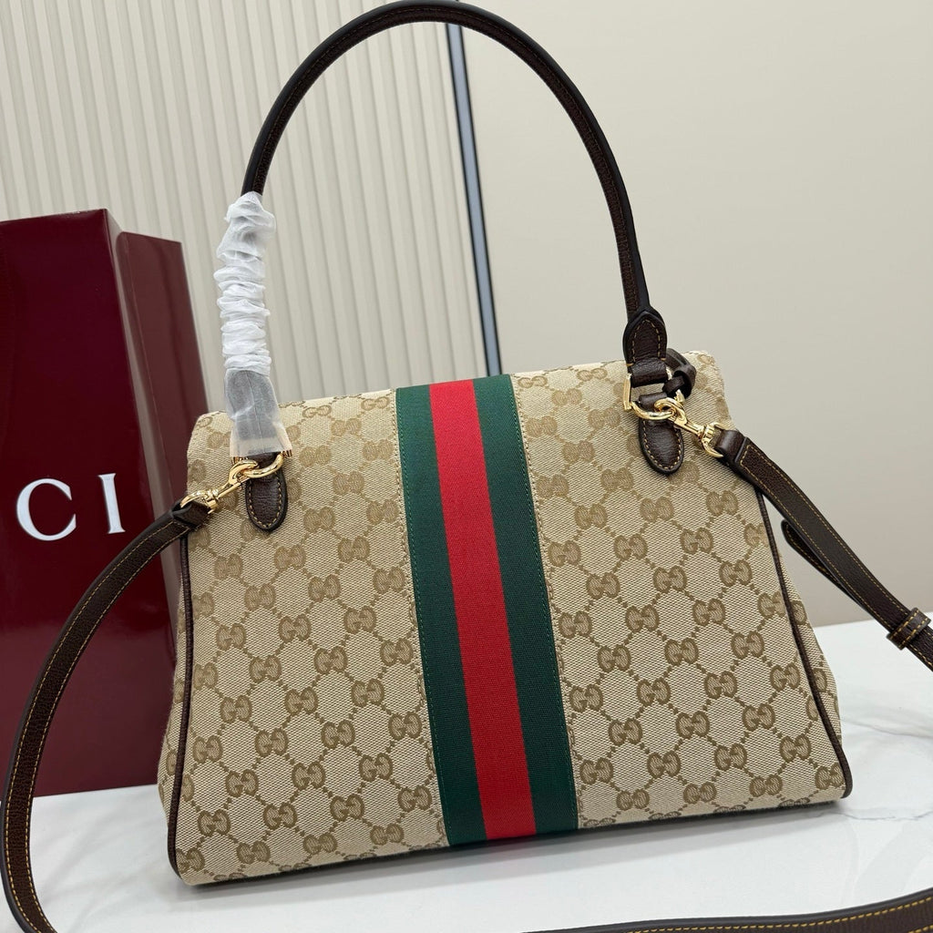 Gucci 875018 Paparazzo Medium Top Handle Bag Sand and dark brown GG canvas