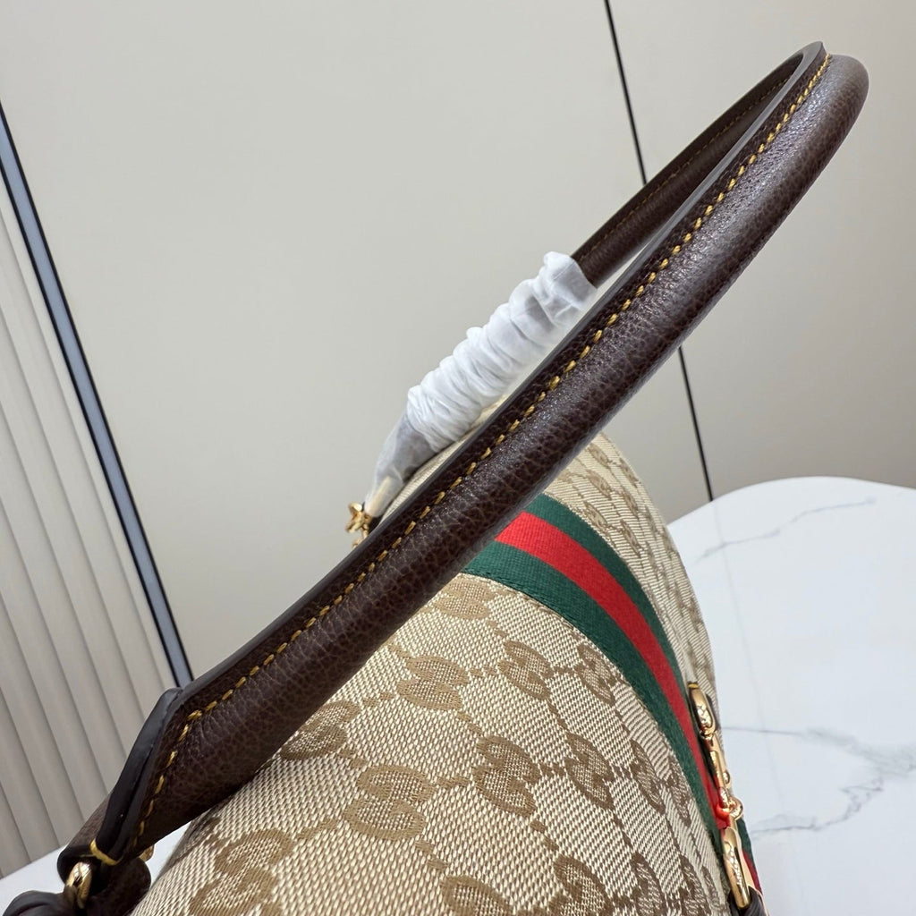 Gucci 875018 Paparazzo Medium Top Handle Bag Sand and dark brown GG canvas