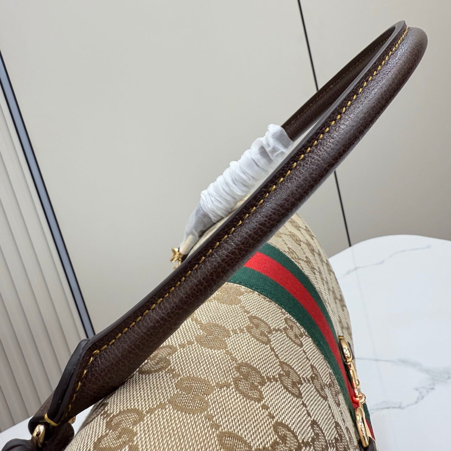Gucci 875018 Paparazzo Medium Top Handle Bag Sand and dark brown GG canvas