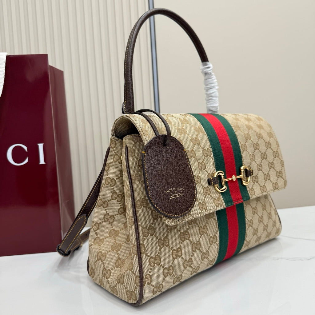 Gucci 875018 Paparazzo Medium Top Handle Bag Sand and dark brown GG canvas
