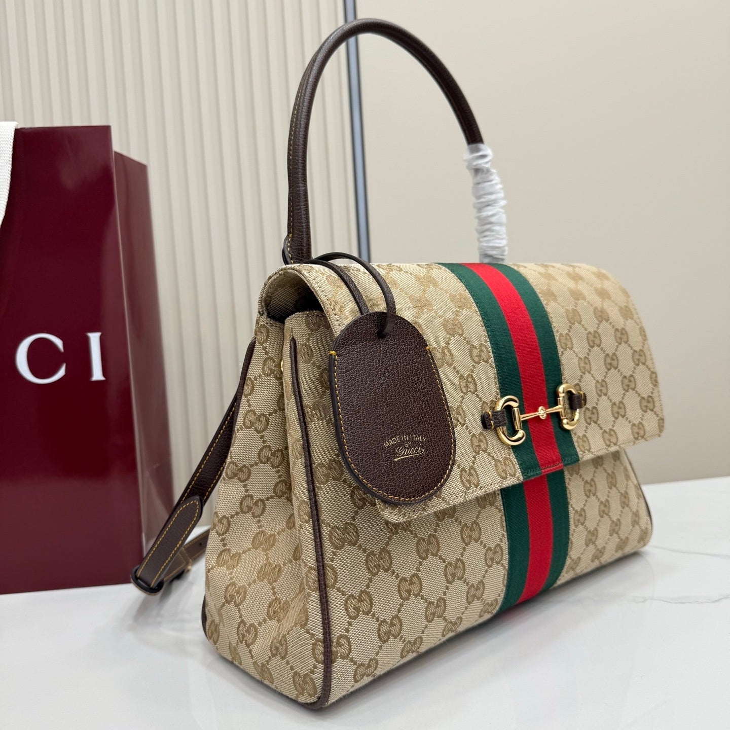 Gucci 875018 Paparazzo Medium Top Handle Bag Sand and dark brown GG canvas