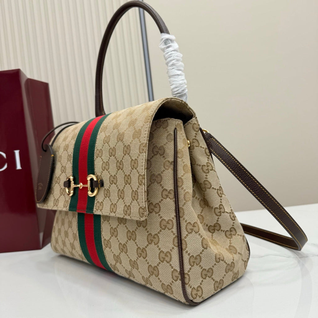 Gucci 875018 Paparazzo Medium Top Handle Bag Sand and dark brown GG canvas