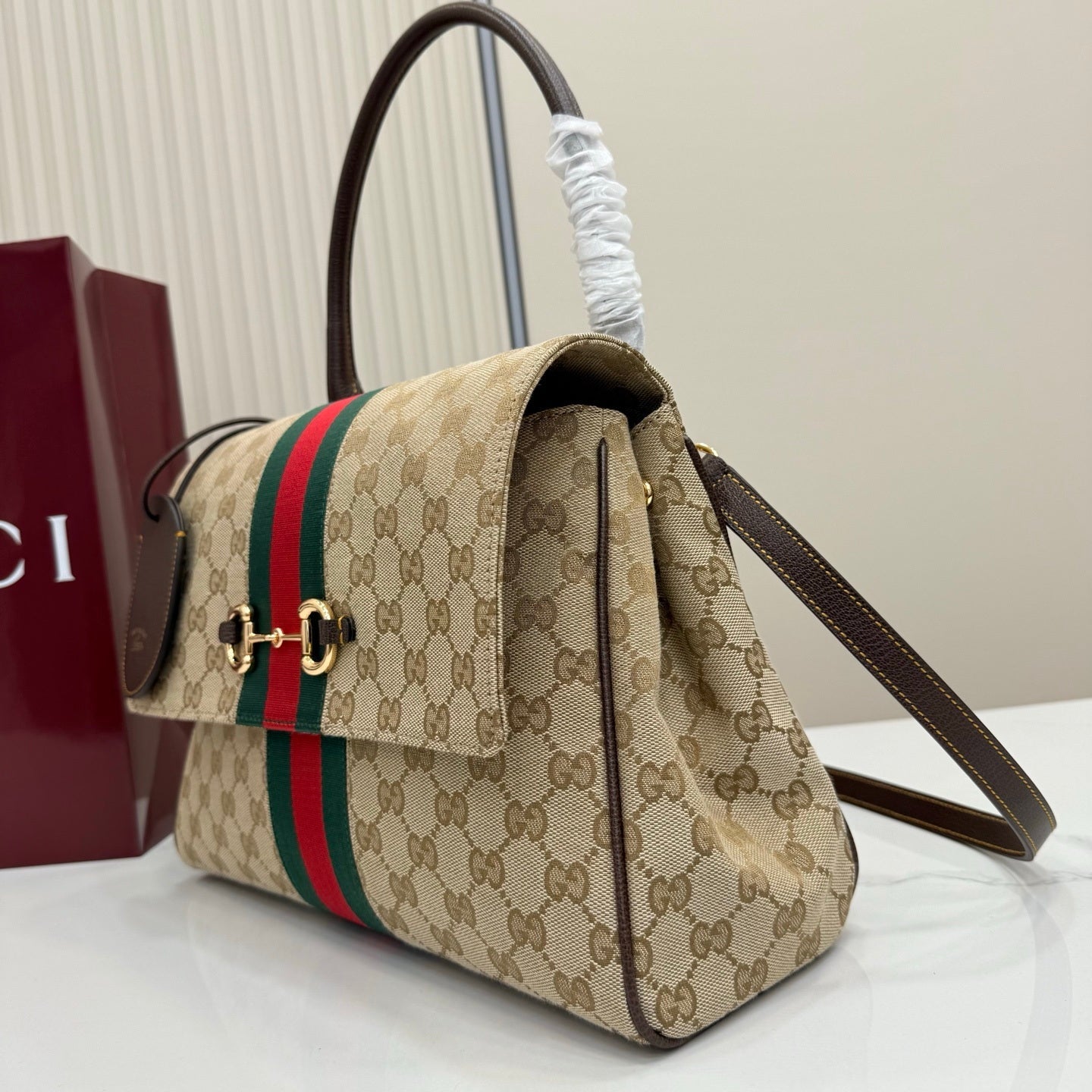 Gucci 875018 Paparazzo Medium Top Handle Bag Sand and dark brown GG canvas