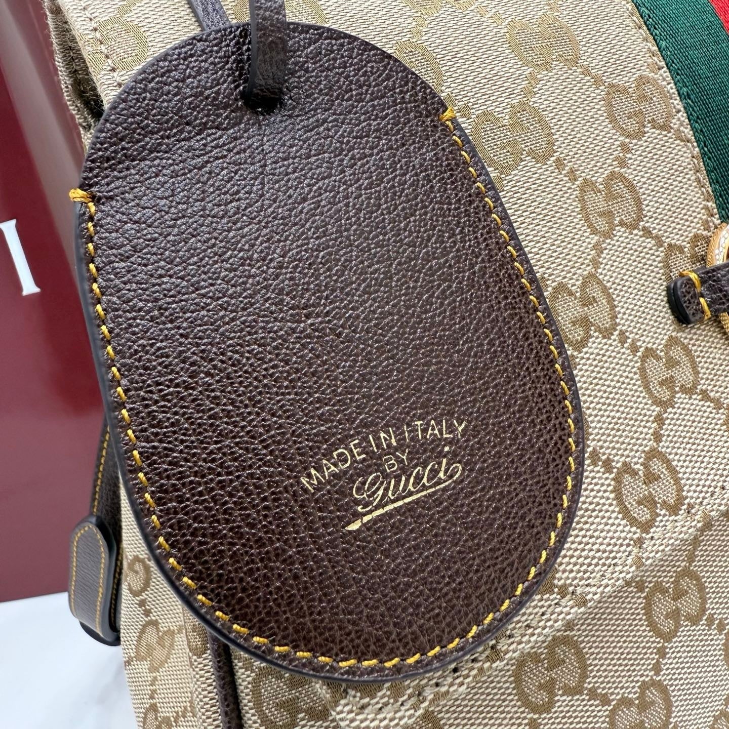 Gucci 875018 Paparazzo Medium Top Handle Bag Sand and dark brown GG canvas