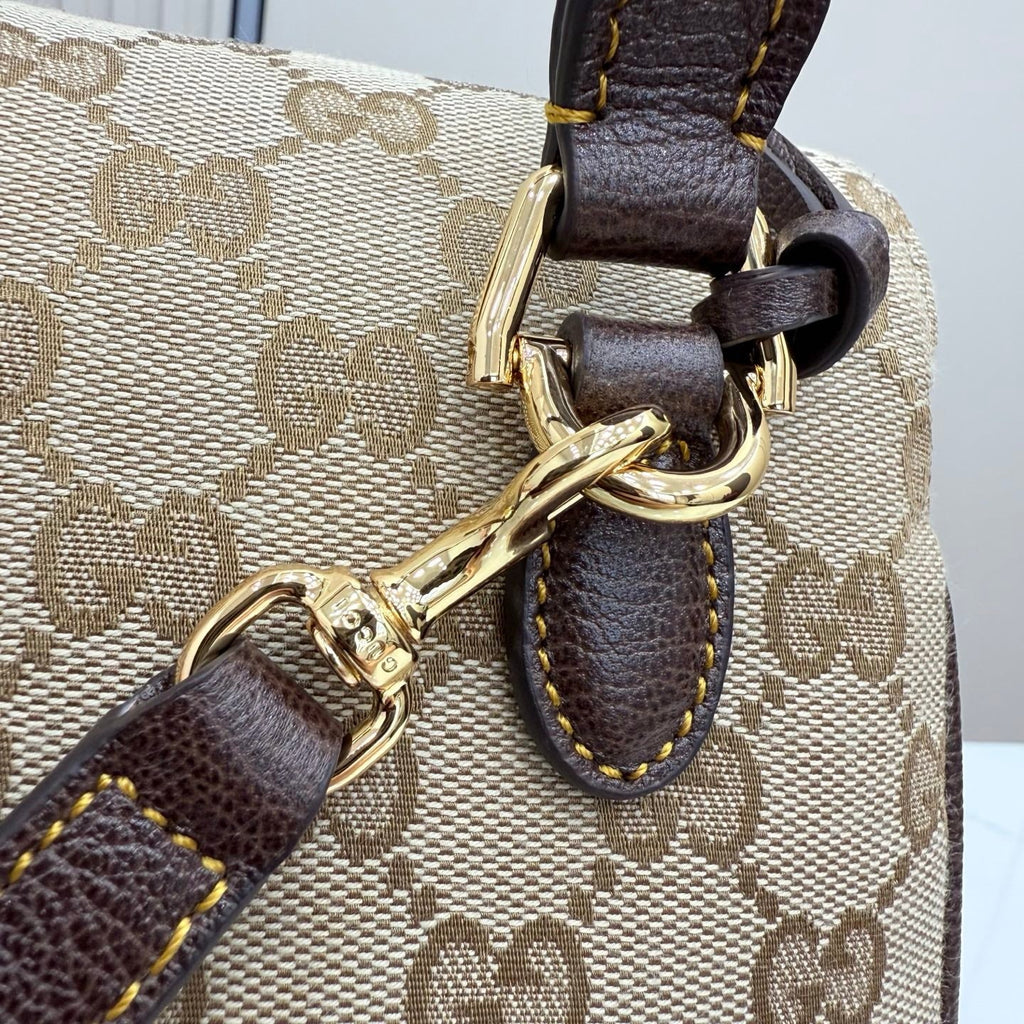 Gucci 875018 Paparazzo Medium Top Handle Bag Sand and dark brown GG canvas