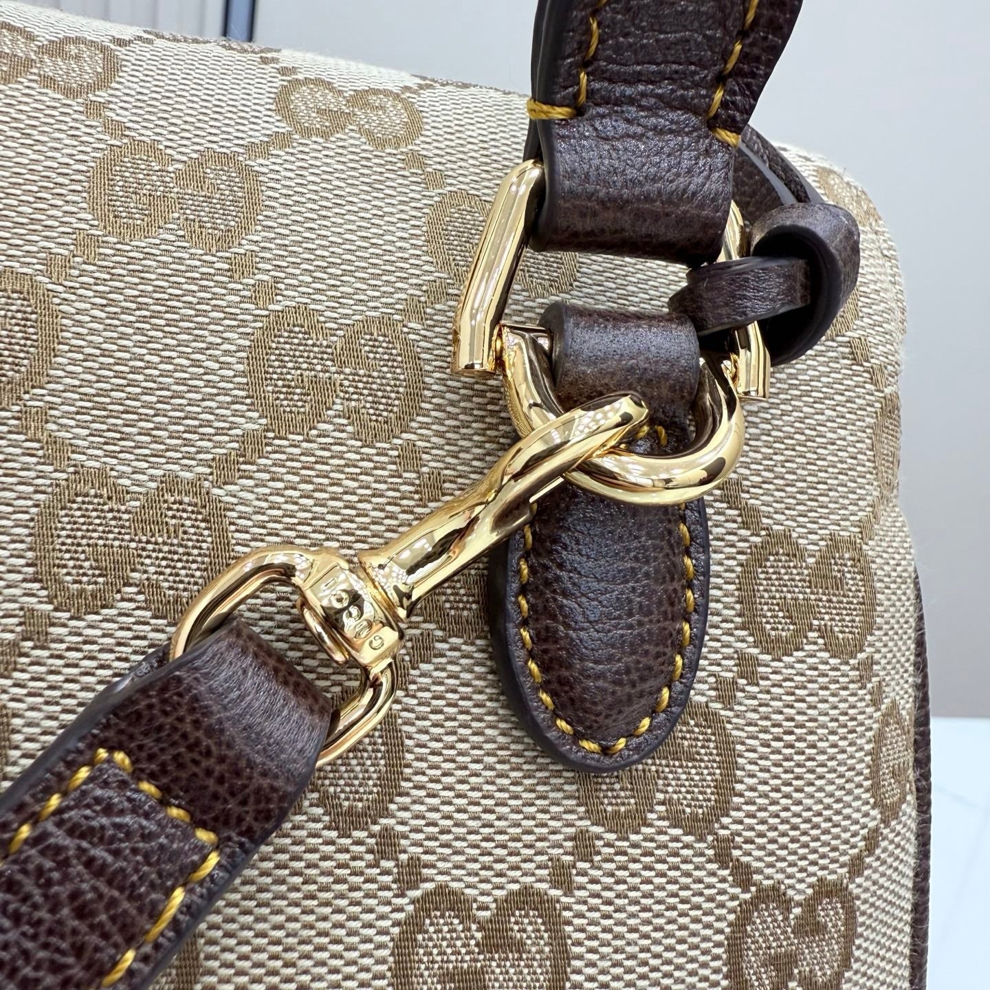 Gucci 875018 Paparazzo Medium Top Handle Bag Sand and dark brown GG canvas