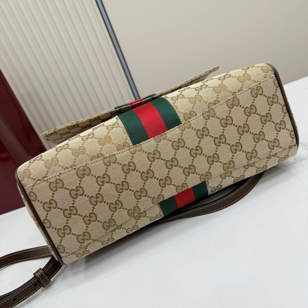 Gucci 875018 Paparazzo Medium Top Handle Bag Sand and dark brown GG canvas