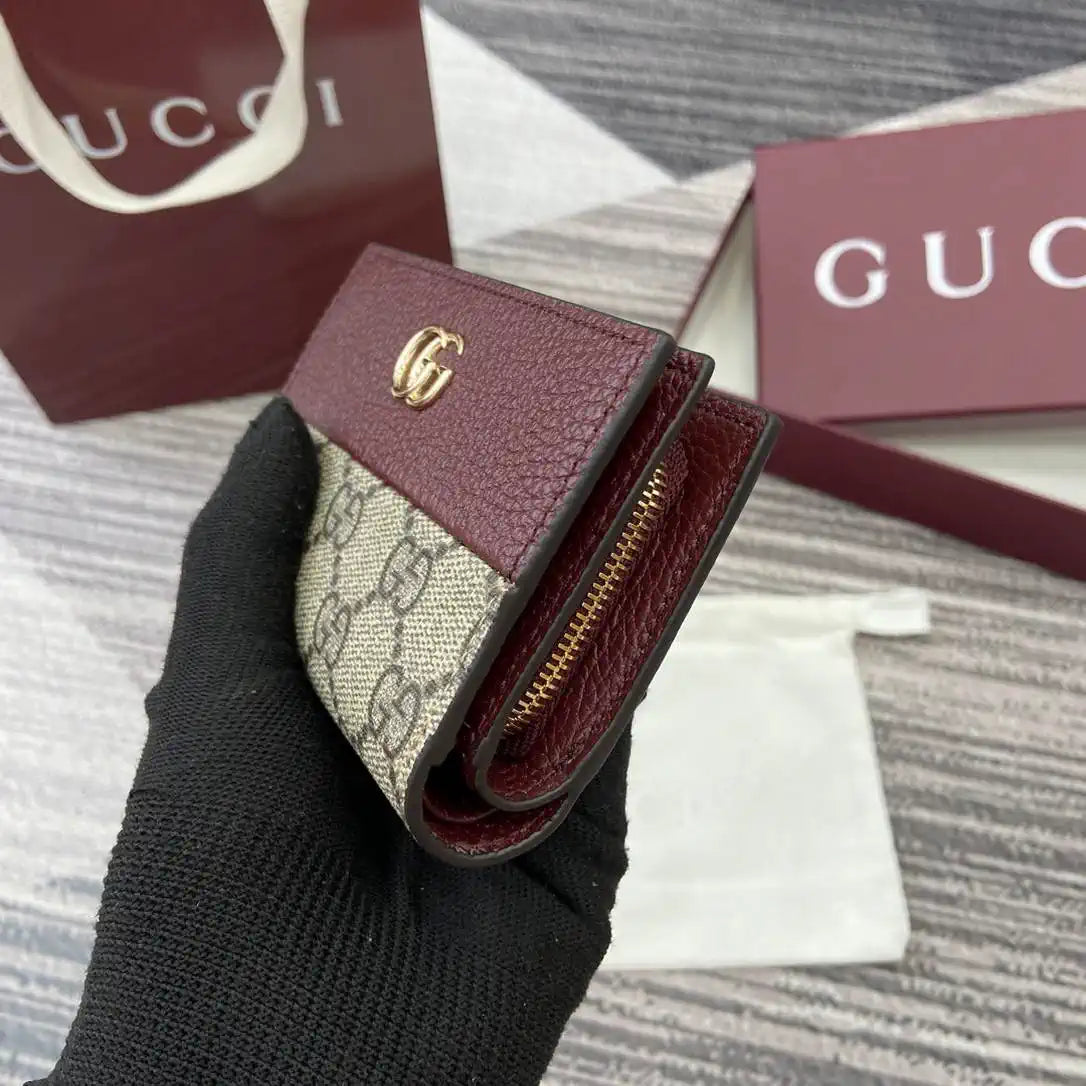 Gucci Bi-color GG Marmont small wallet 841360 beige and bright Wine Red leather