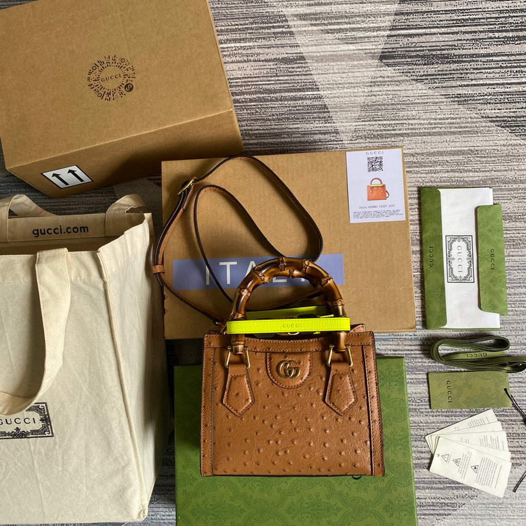 Gucci Diana Mini Tote Bag Ostrich LeatherTop Handle Bag Gucci a€?55661 Tan