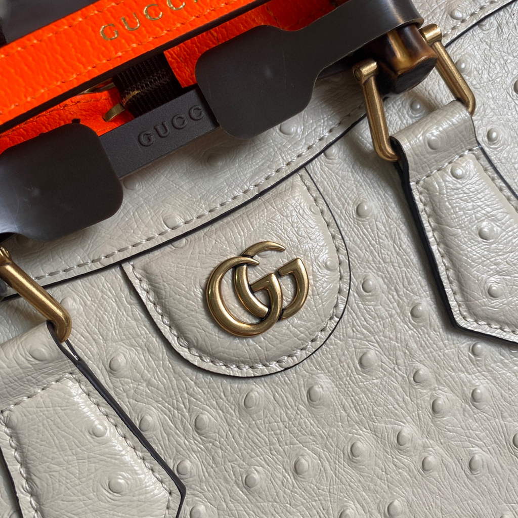 Gucci Diana Small Tote Bag Ostrich Top Handle Bag 660195 Beige