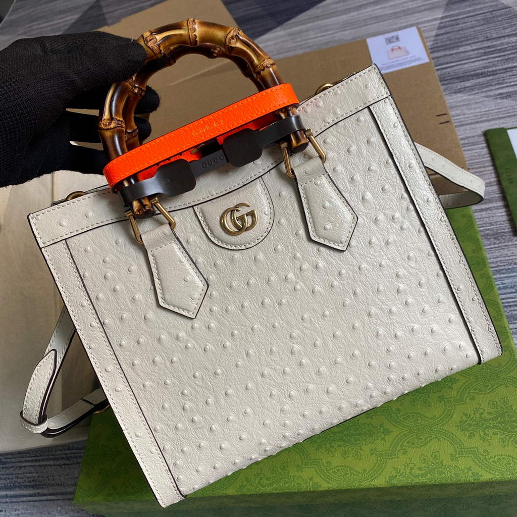 Gucci Diana Small Tote Bag Ostrich Top Handle Bag 660195 Beige