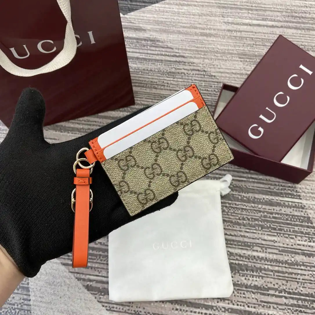 Gucci GG Emblem card case with strap 819121 Biege & orange