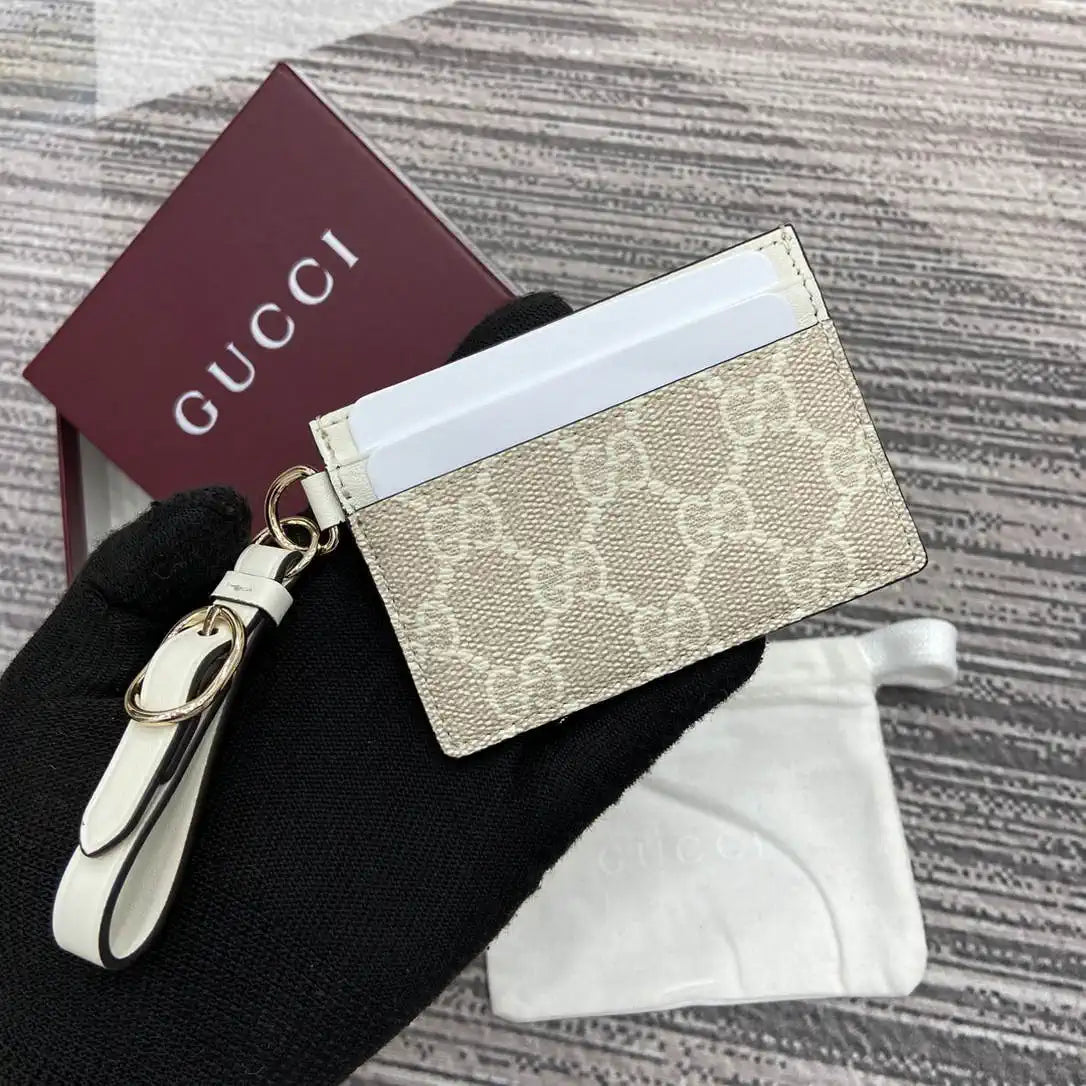 Gucci GG Emblem card case with strap 819121 Biege & White