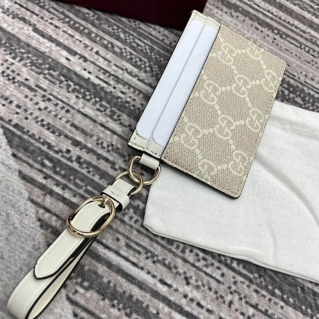Gucci GG Emblem card case with strap 819121 Biege & White