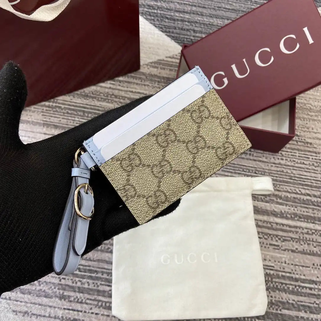 Gucci GG Emblem card case with strap 819121 Biege & Blue