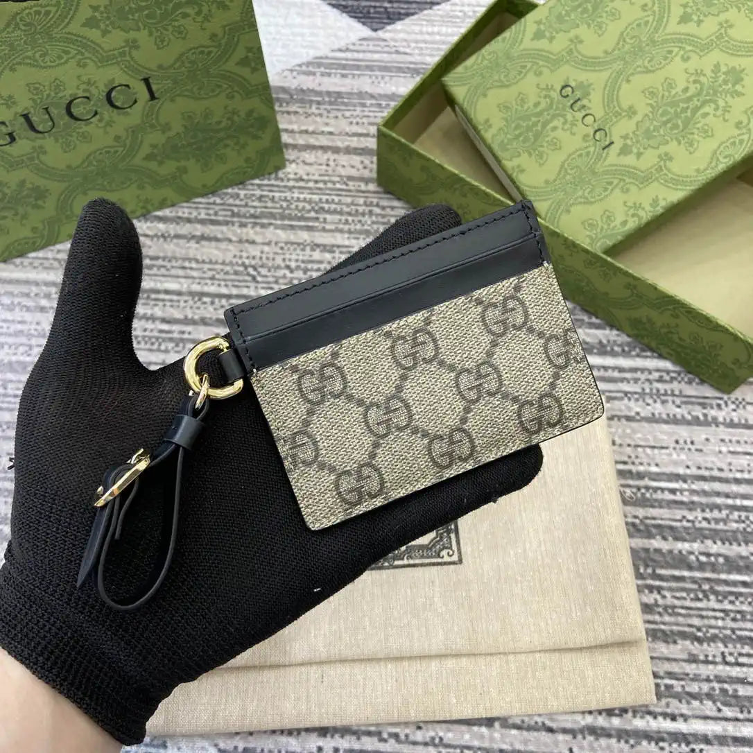 Gucci GG Emblem card case with strap 819121 Biege & Black