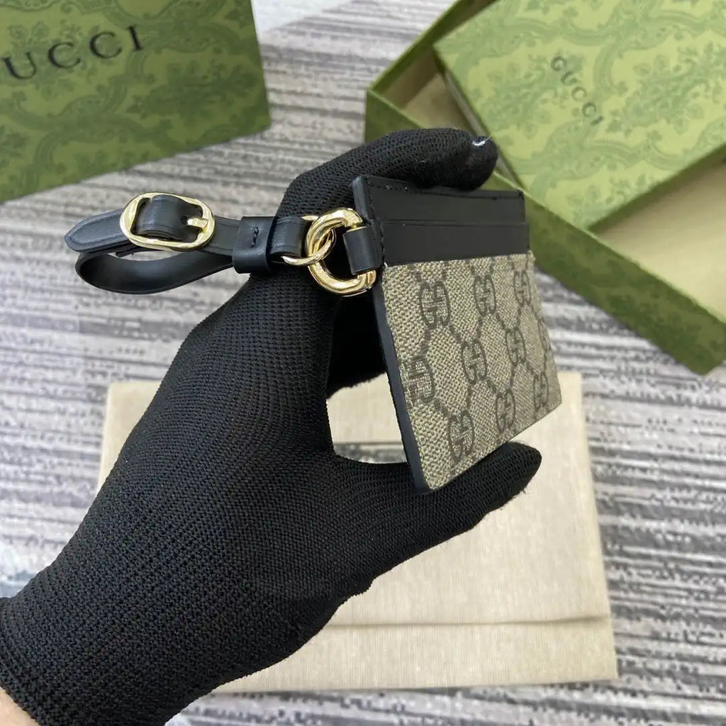 Gucci GG Emblem card case with strap 819121 Biege & Black