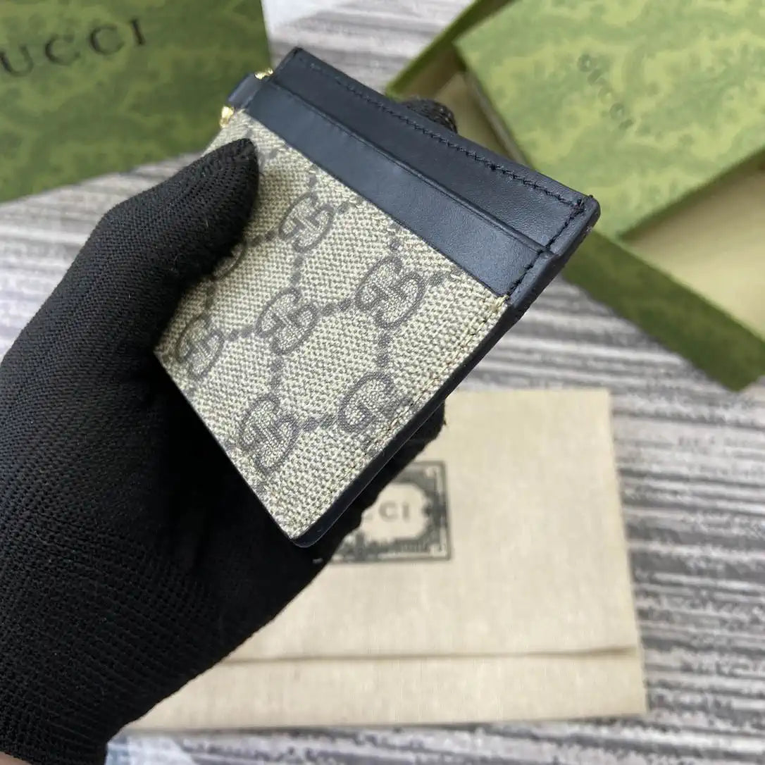 Gucci GG Emblem card case with strap 819121 Biege & Black