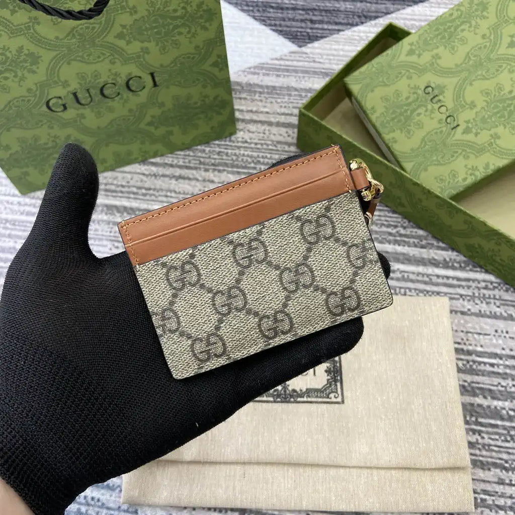 Gucci GG Emblem card case with strap 819121 Biege & Brown