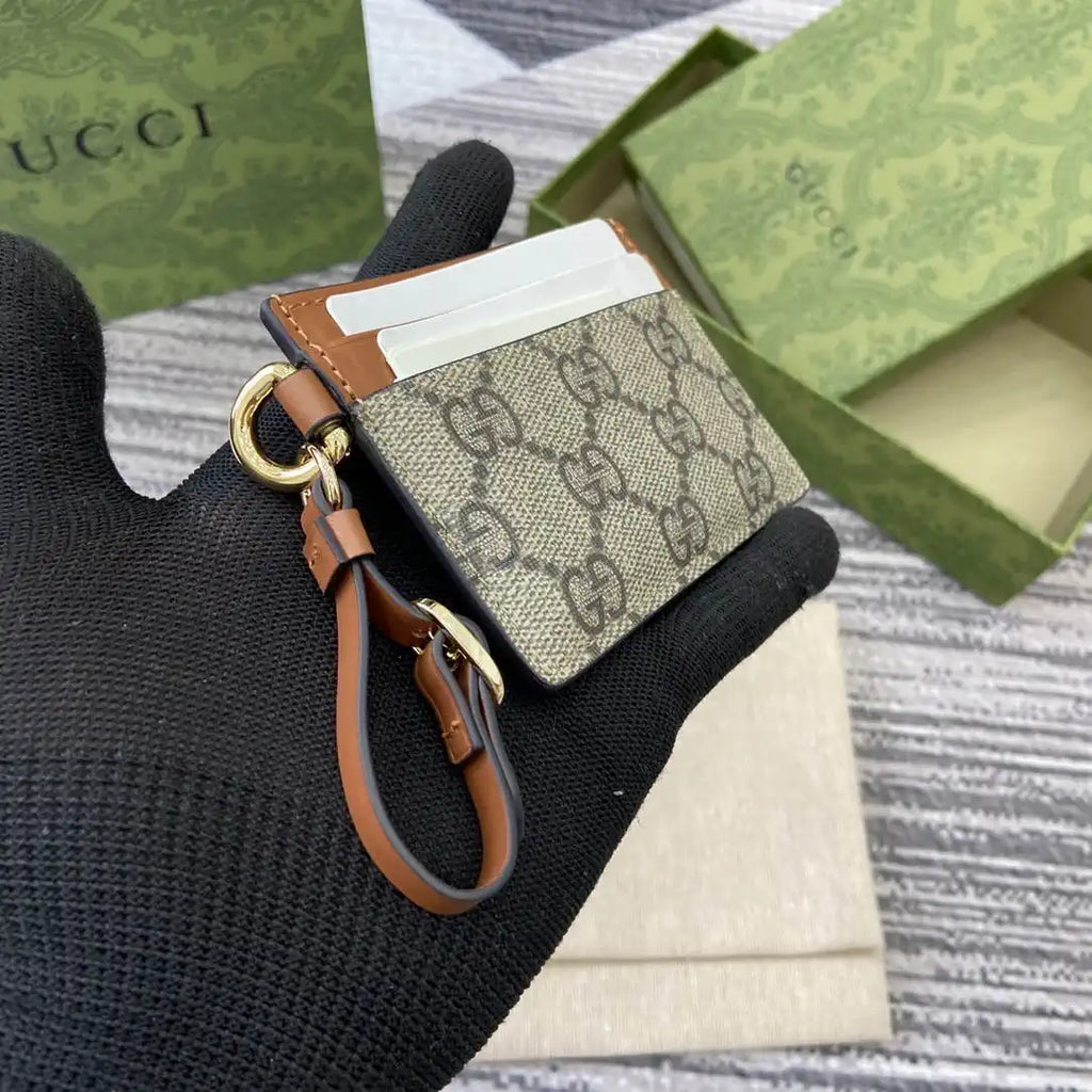 Gucci GG Emblem card case with strap 819121 Biege & Brown