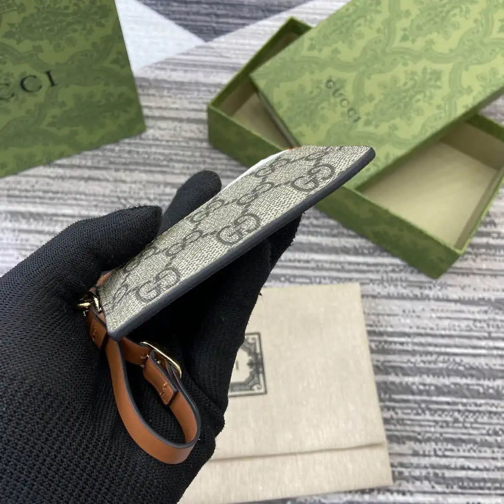 Gucci GG Emblem card case with strap 819121 Biege & Brown