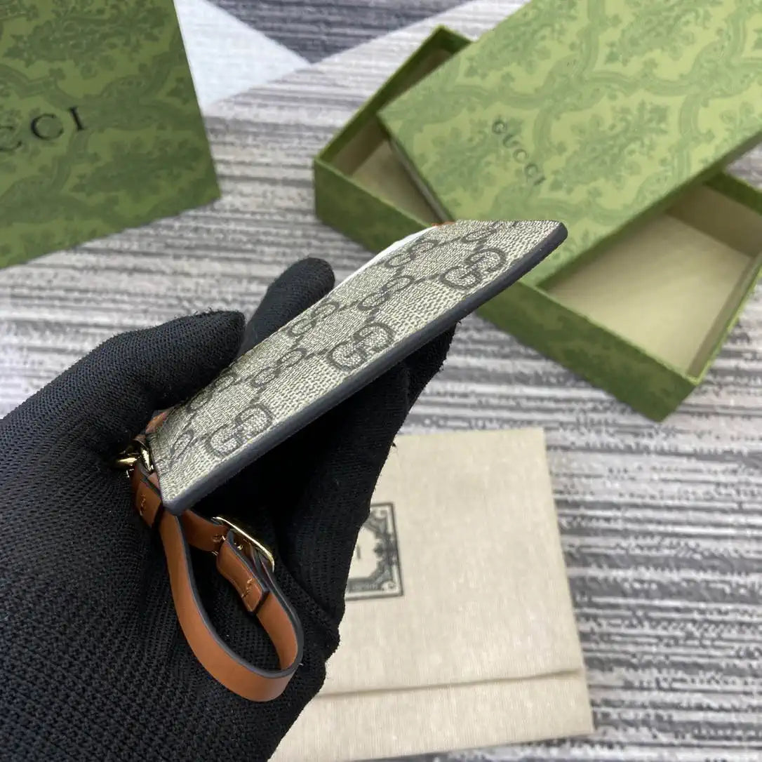 Gucci GG Emblem card case with strap 819121 Biege & Brown
