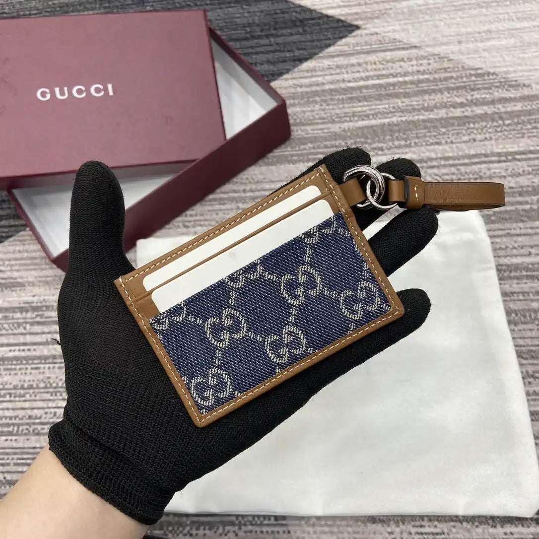 Gucci GG Emblem card case with strap 819121 Navy Blue & Brown