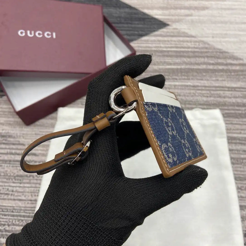 Gucci GG Emblem card case with strap 819121 Navy Blue & Brown