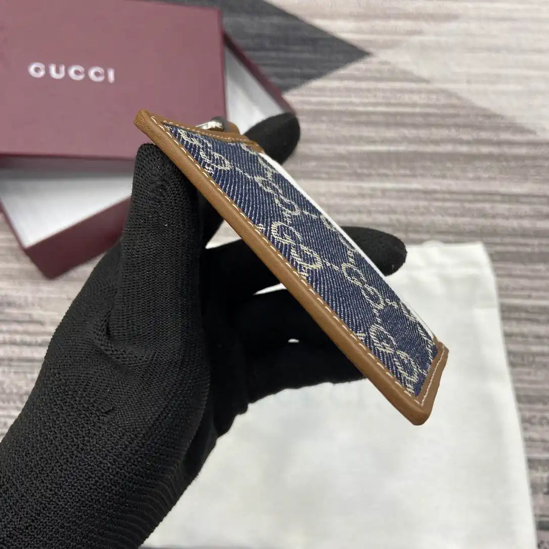 Gucci GG Emblem card case with strap 819121 Navy Blue & Brown