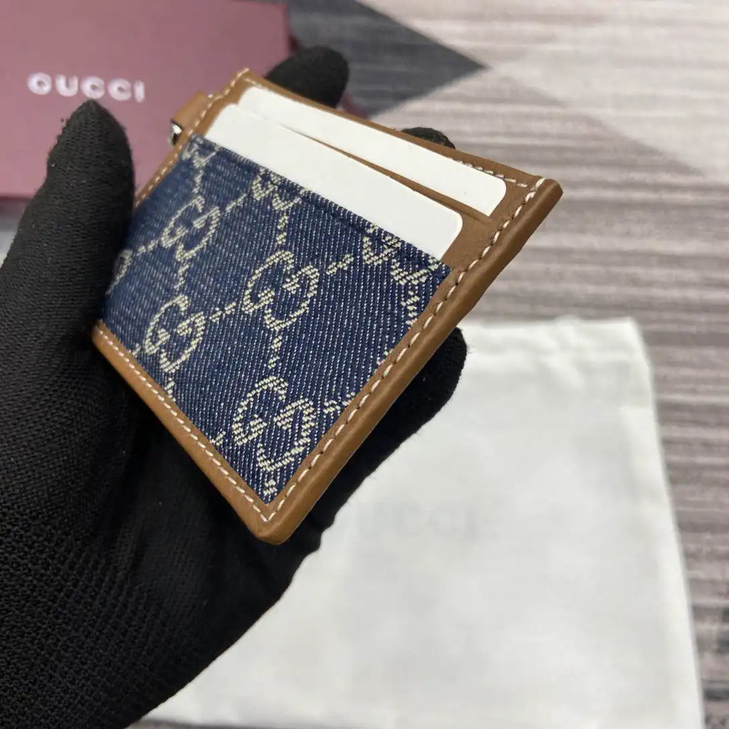 Gucci GG Emblem card case with strap 819121 Navy Blue & Brown