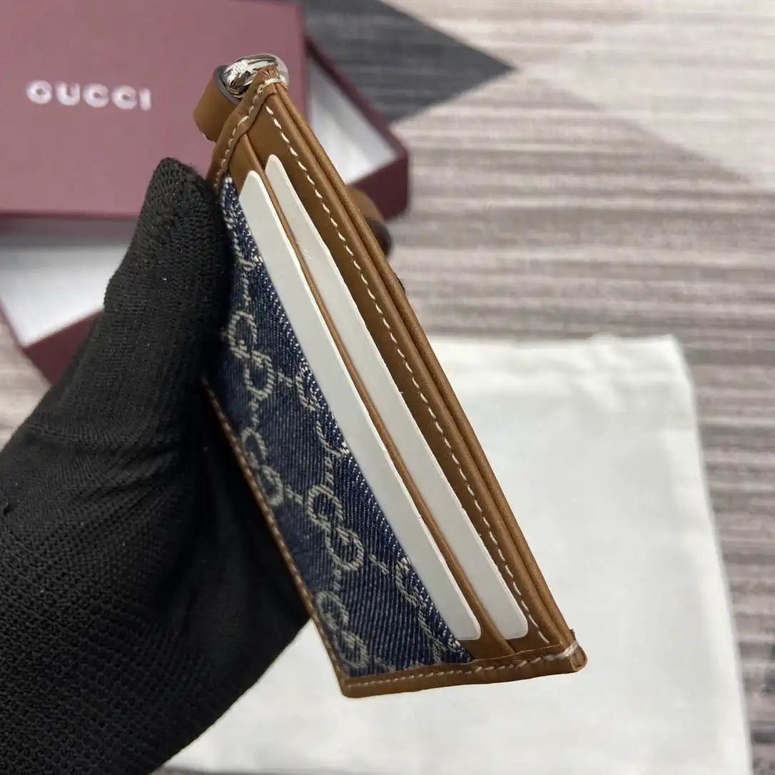 Gucci GG Emblem card case with strap 819121 Navy Blue & Brown