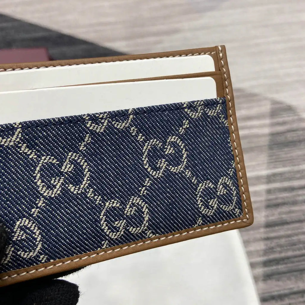 Gucci GG Emblem card case with strap 819121 Navy Blue & Brown
