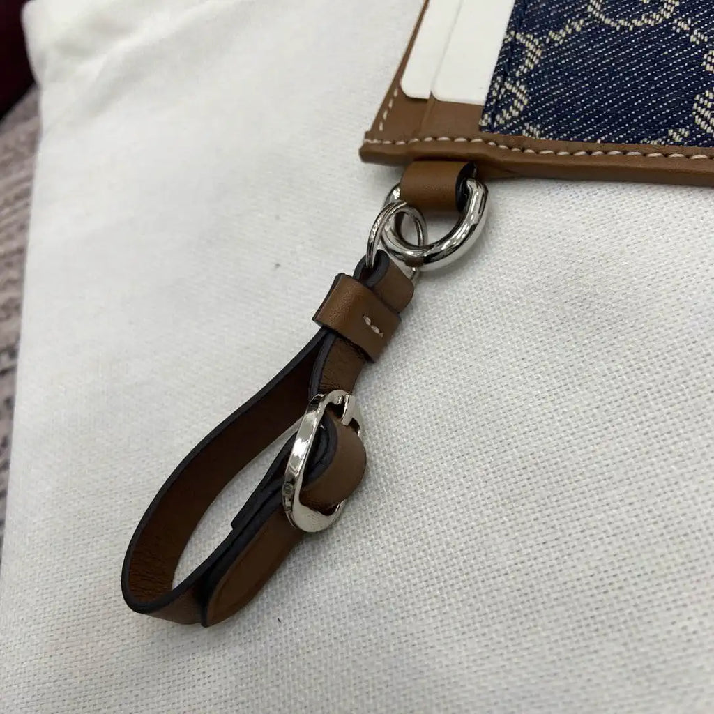 Gucci GG Emblem card case with strap 819121 Navy Blue & Brown