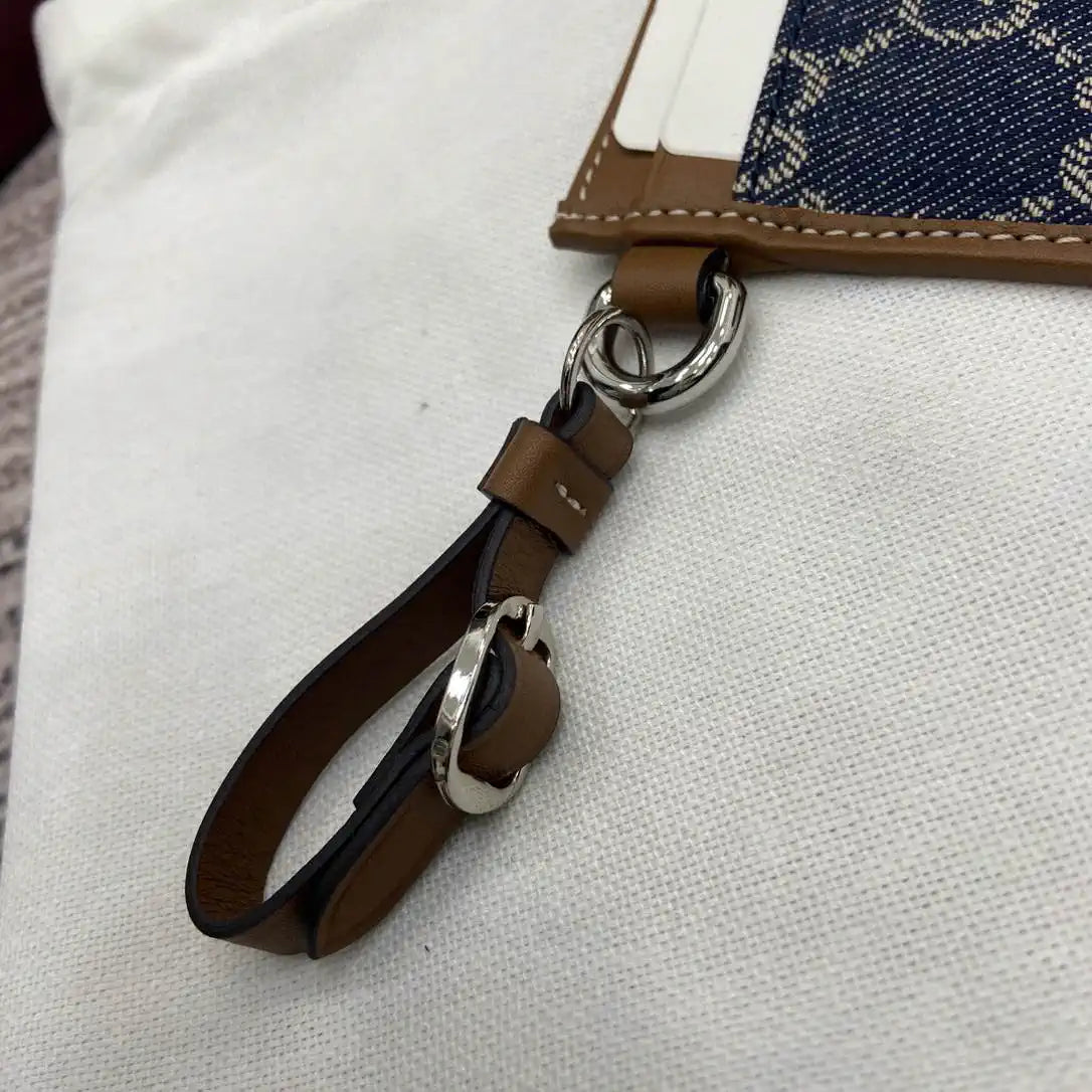 Gucci GG Emblem card case with strap 819121 Navy Blue & Brown